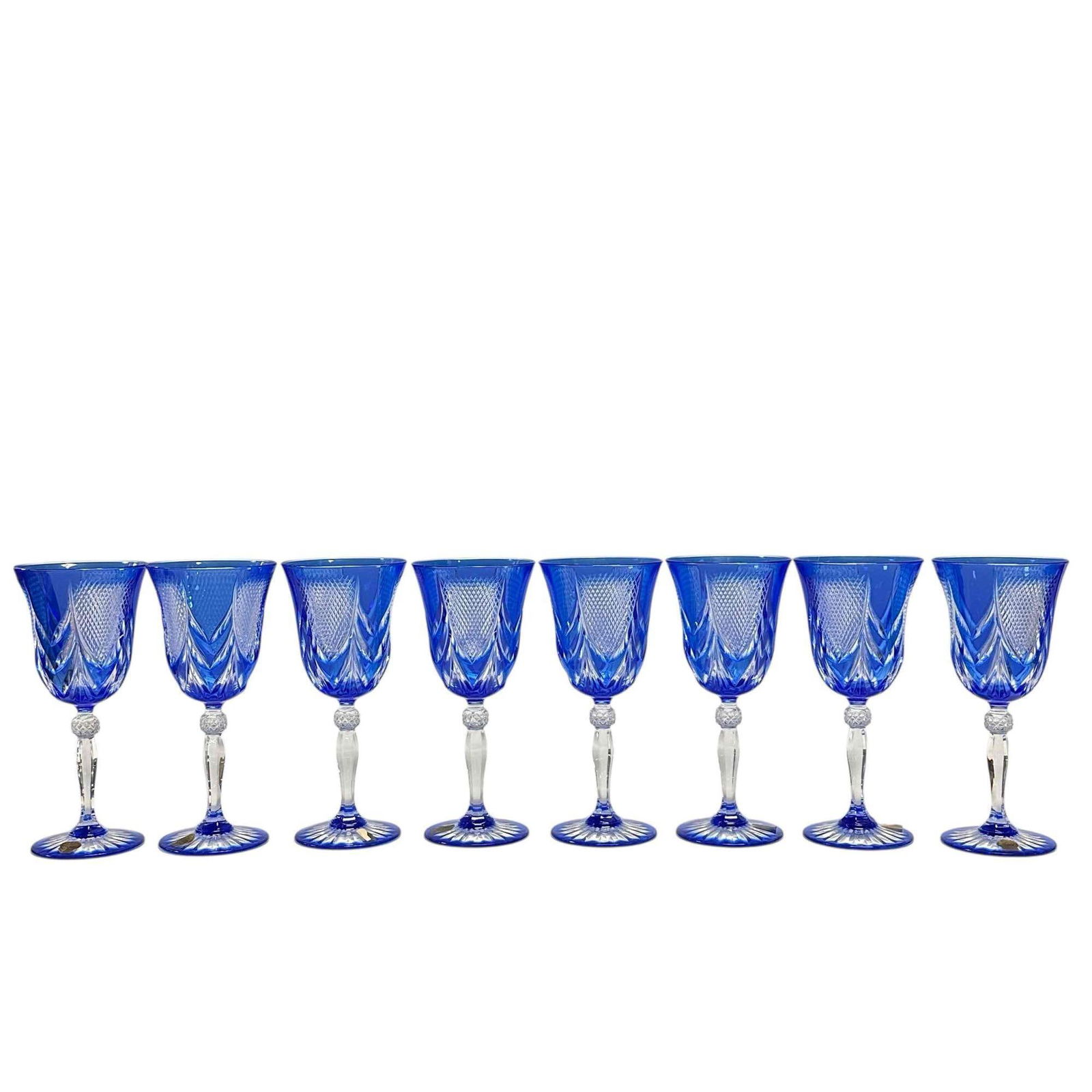 Cristal D'Arques France MENUET Cobalt Cut to Clear Stemware (8): Vintage 8 Cobalt blue cut to clear Cristal D'Arques stemware Cordial Hock. Measuring approx. 7.75" tall. In good condition with no chips or breaks, see photos.