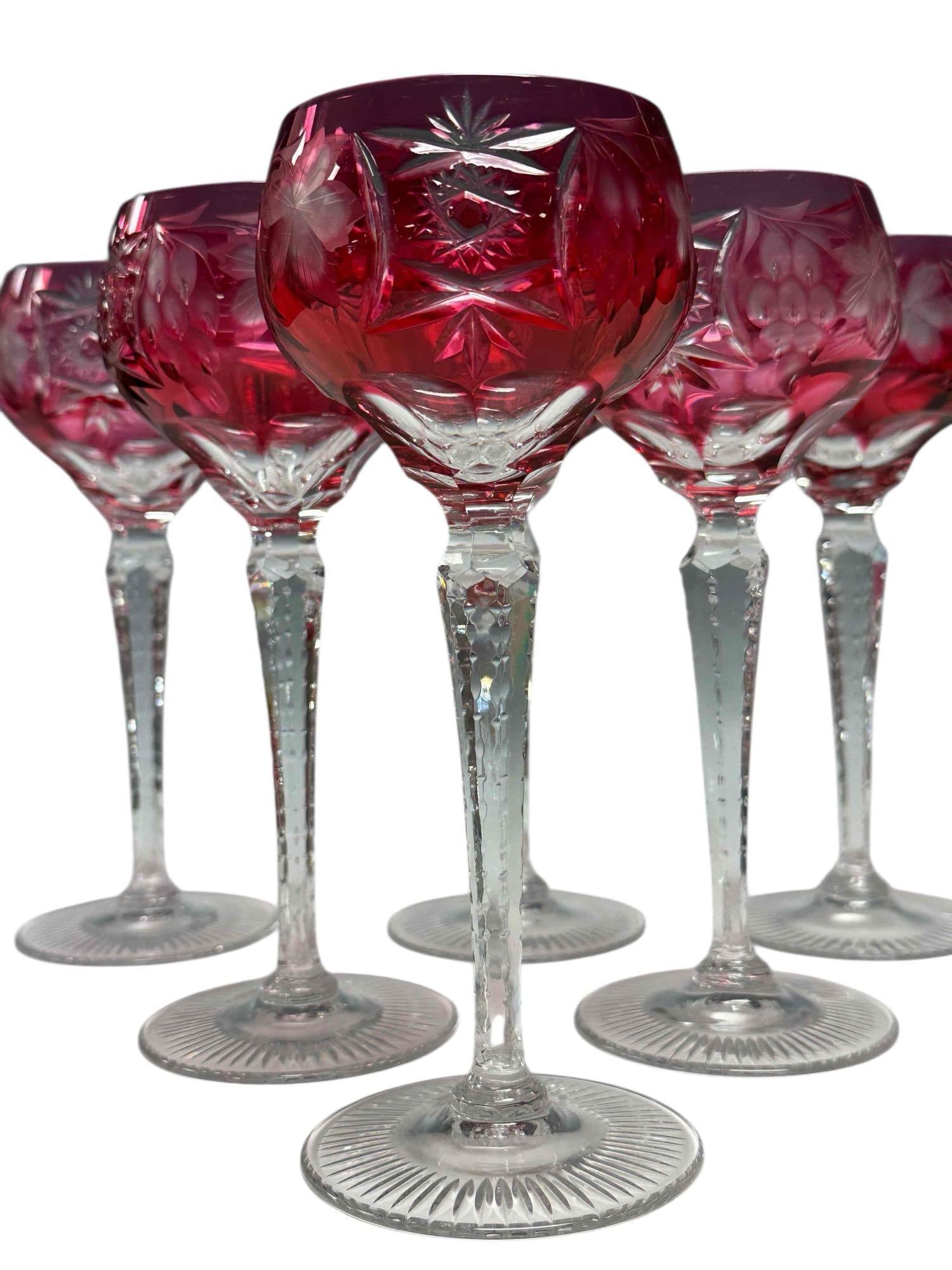 NACHTMANN Grape Wine Hock Ruby Cut to Clear (6): Set of 6 NACHTMANN Grape Wine Hock Ruby Cut to Clear crystal stemware. Measuring approx. 8.5" tall. In good condition, see photos.