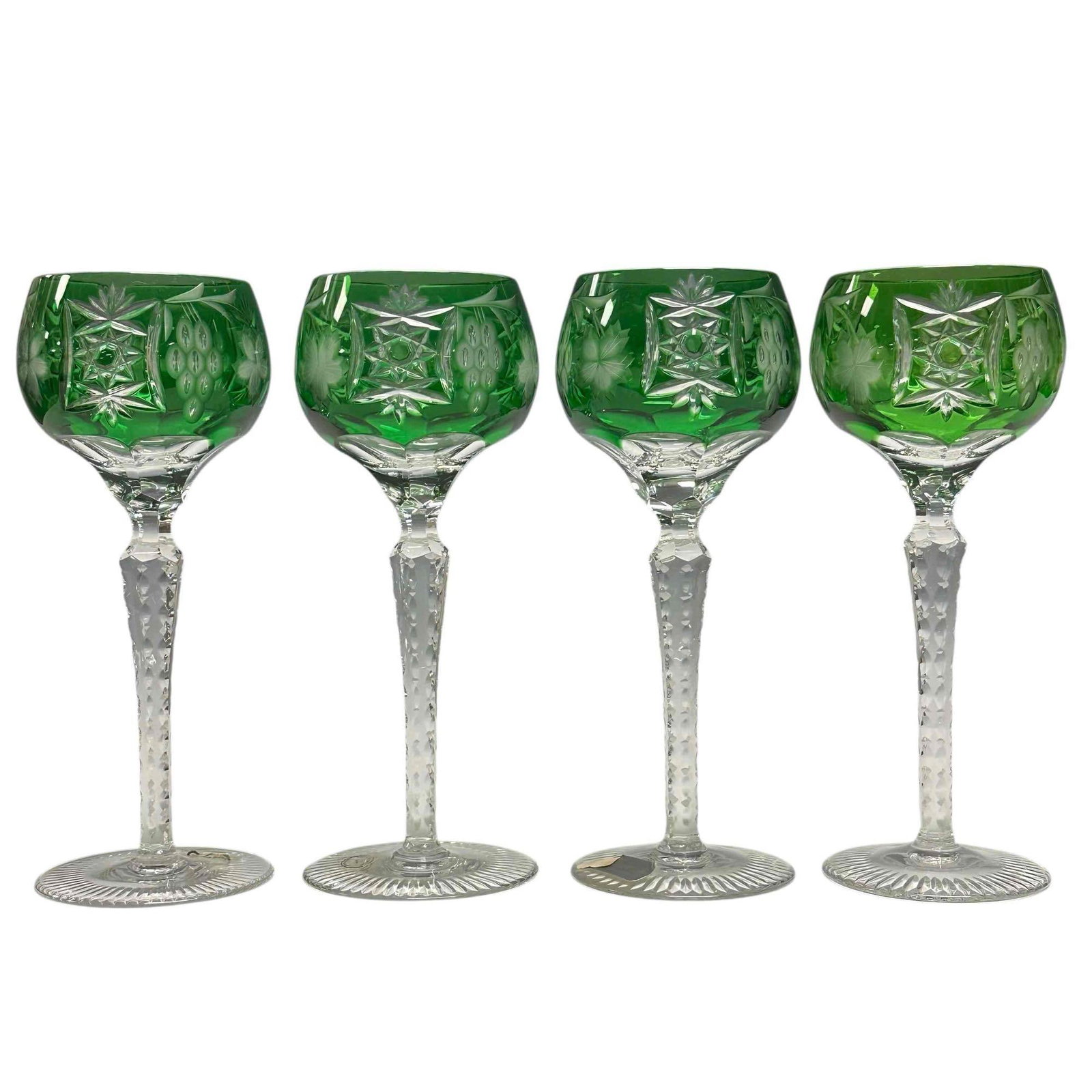 NACHTMANN Grape Wine Hock Green Cut to Clear (4): NACHTMANN Grape Wine Hock Green Cut to Clear crystal stemware. Measuring approx. 8.5" tall. In good condition, see phots.