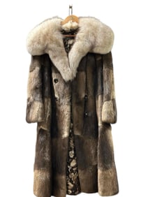 Full Length Chestnut Chocolate Brown Mink Fur Coat with Silver Fox Collar