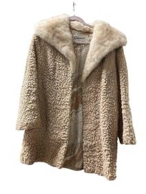Cream/Tan Persian Lamb Teddy Bear Mid-Length Jacket with Mink Fur Collar