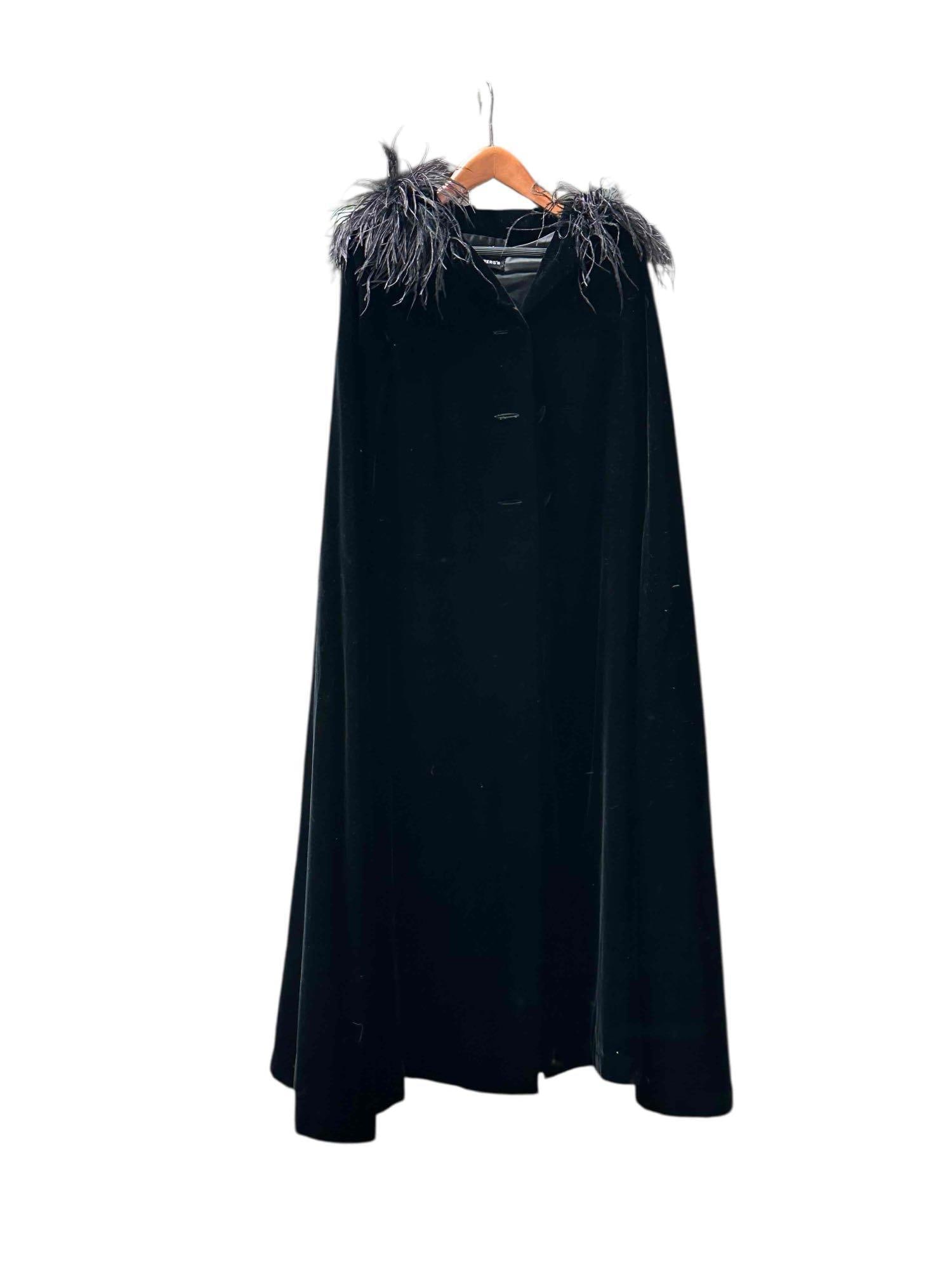 Vintage Black Velvet Full Length Cloak with Ostrich Hood (1 of 19)