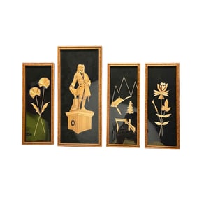 Four (4) Mid Century Bamboo Straw Framed Art Pcs