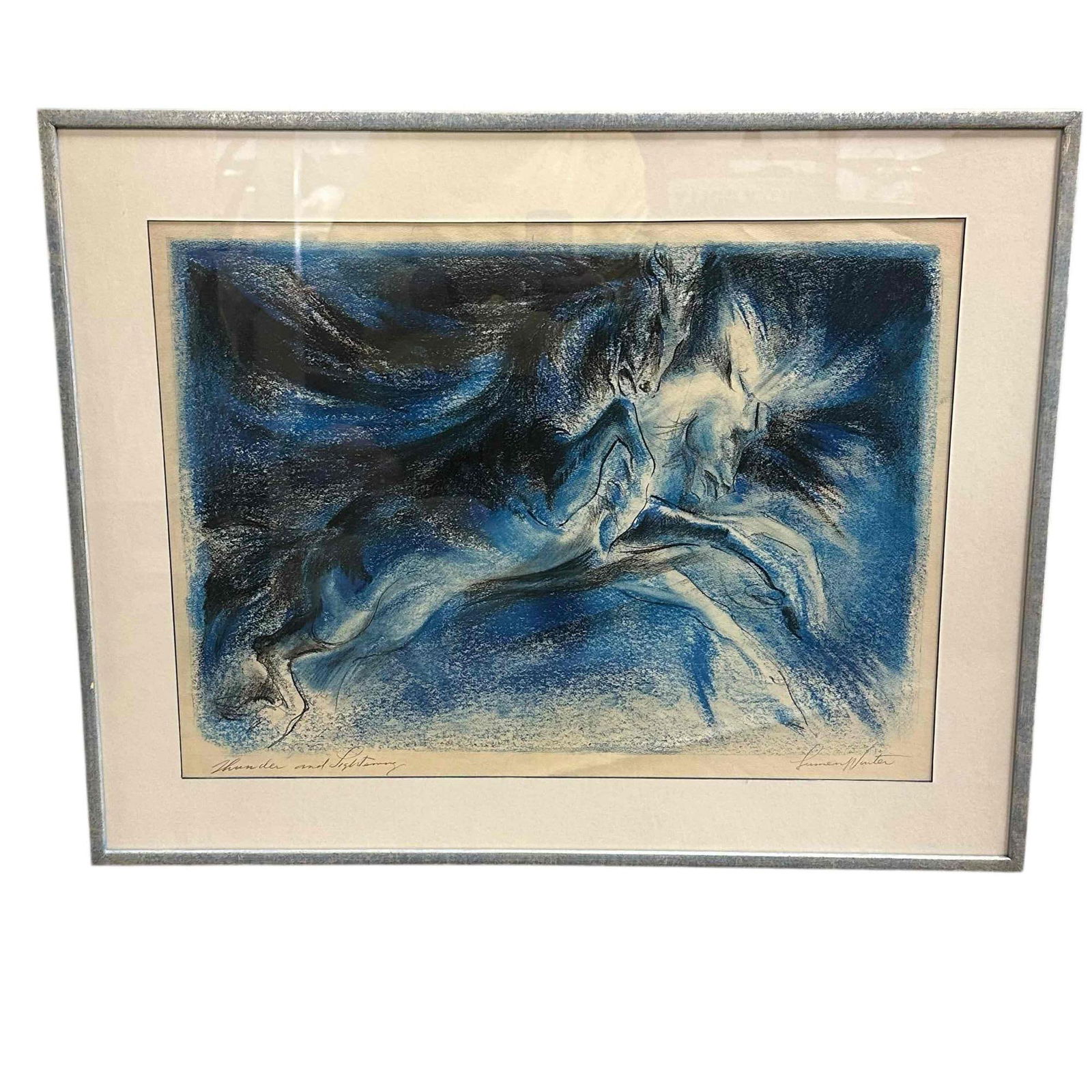 LUMEN MARTIN WINTER (AMERICAN, 1908-1982) Singed Litho: pencil signed in lower right and titled Thunder and Lighting. Depicting two horses in a mid century modernist style. Framed, matted and under glass ready for display. Measuring approx 24" h x 30" w ov