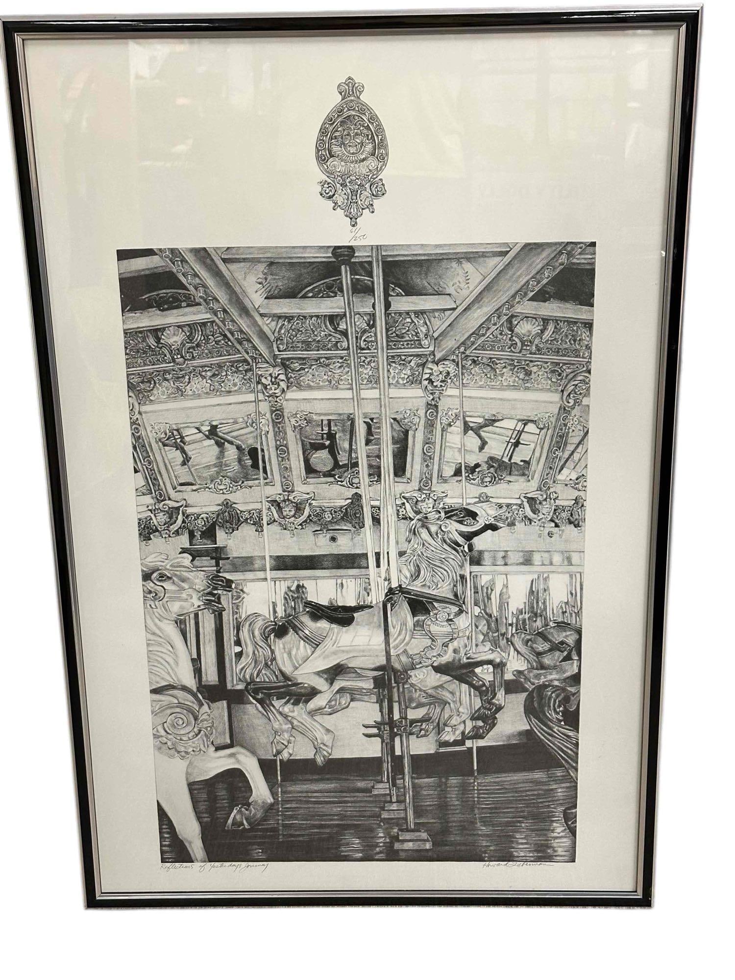 Howard Lieberman 1991 litho Reflections of Yesterdays Journey: Signed and numbered 61/250 on top. Lieberman, Howard, (Contemporary American), Reflections of Yesterday's Journey, lithograph. Measuring approx 38.5" h x 26" w including the frame. Very good as shown,
