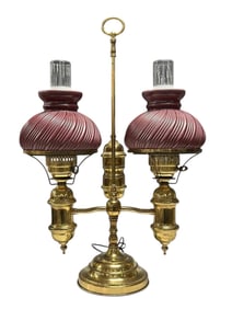 Antique Brass Double Student Lamp with Ruby Swirl Shades