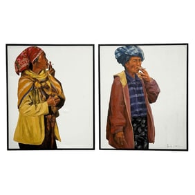 A Pair of Realism Oil on Canvas Paintings Nepal Genre Portraits