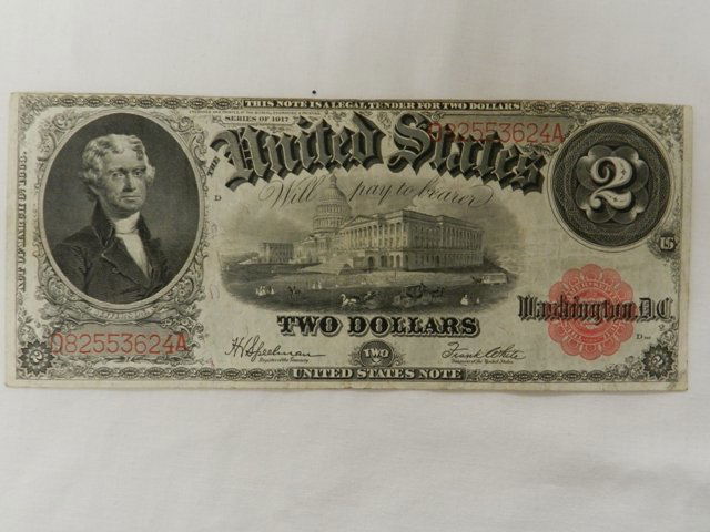 1917 Large Red Seal Two Dollar Bill: D82553624A in good condition.