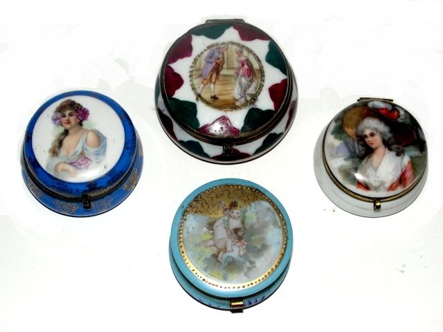 Four French Hand Painted Pill Dresser Boxes: All having different scenic painted lids and painted porcelain bottoms. Condition very good of various sizes.