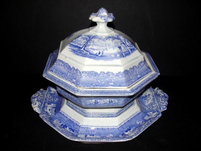 Antique Blue Transferware Tureen/Underplate