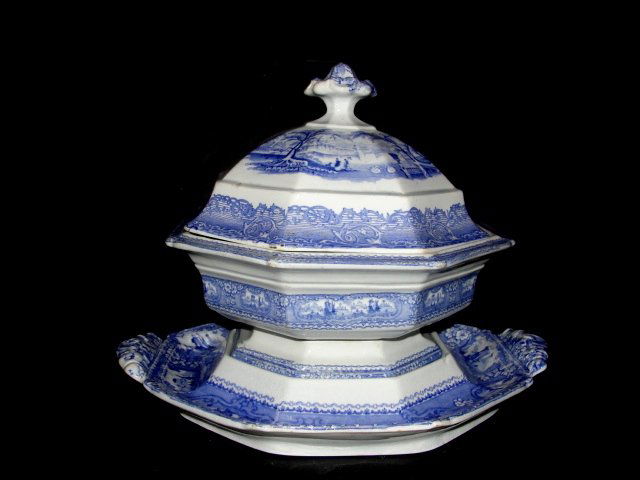 Antique Blue Transferware Tureen/Underplate - 2