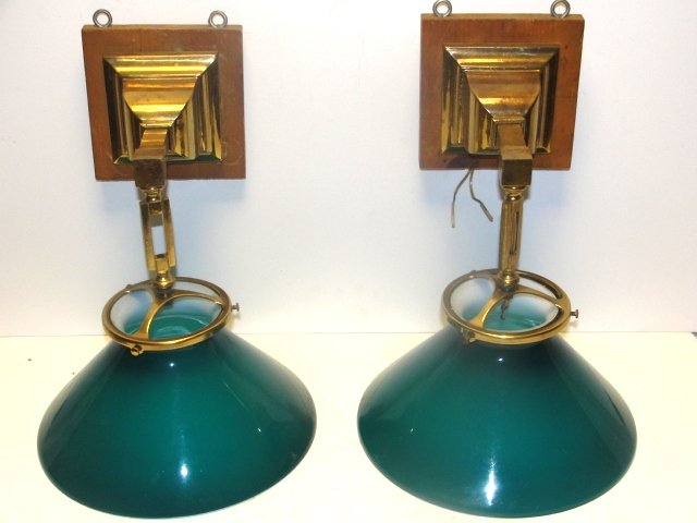Pair Assembled Brass Wall Light Scones: With green glass shade. Brass frames were assembled and need wiring. Fixtures 6'' x 6'' Shades 5 1/4'' x 9 3/4''.