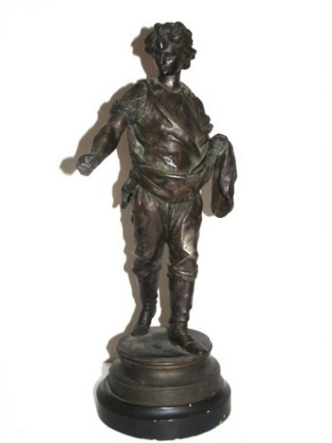 Bronze Patinated Young Man Figure Late 19th C.: Cast metal with bronze finish of young male laborer wearing boots and vested work clothing, standing on base with wood base below. 15'' tall.