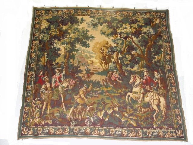 Woven Tapestry Depicting Renaissance Scene 20th.: Early 20th. C wall hanging tapestry. Depicting Renaissance scene of figures on horse back, castle, foliage etc. Condition very good. Ca. 1930- 1940 era. Est. size 75'' x 80''