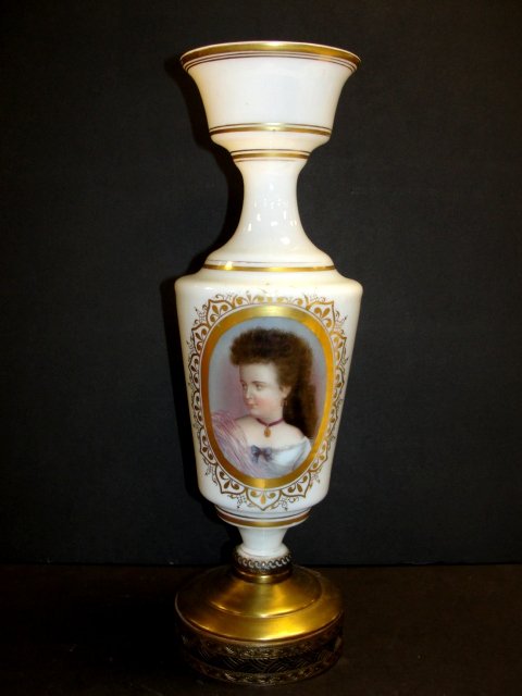 Victorian Portrait Bristol Opaline Tall Vase: Having a beautiful portrait of young lady with necklace surrounded with gilt decoration mounted in brass base. Condition very good. Rare size with fitted brass base. 16'' Tall.