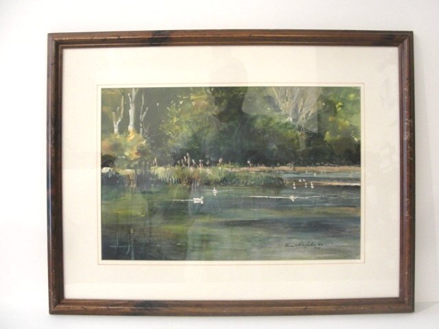 Thomas McNickle Watercolor American: 1944/1985. Ducks/Mill Creek Park. Signed and dated 1983. Image size 12'' x 18''. Condition excellent.