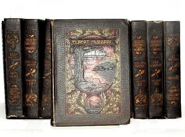 Elbert Hubbard Nine Volume Book Set: Book 1, 2, 3, 4, 6, 7, 8, 9, 12. Condition fair to good, couple with minor bending need to be book pressed possibly can do by hand, some wear to edges minor toning, gilt on paper ends still very stron