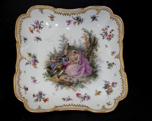 Dresden Germany Scenic Square Serving Dish: Square bowl with center court scene of two ladies chatting with gentleman, with heavy gold accents. Alt Haldensleben. Factory of hard paste porcelain. M. Nathusius. Line mark stamped in blue. Conditio