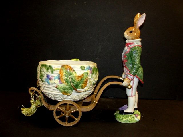 Fitz & Floyd Old World Rabbit With Cachepot: RETIRED FITZ AND FLOYD OLD WORLD RABBIT CACHEPOT WITH CART. GOOD CONDITION DOES NOT HAVE ANY CRACKS, CHIPS, MALE RABBIT13 1/2 INCHES HIGH. THE CACHEPOT IS 8'' Dia. RETIRED IN 2003 AND COMES WITH ITS O
