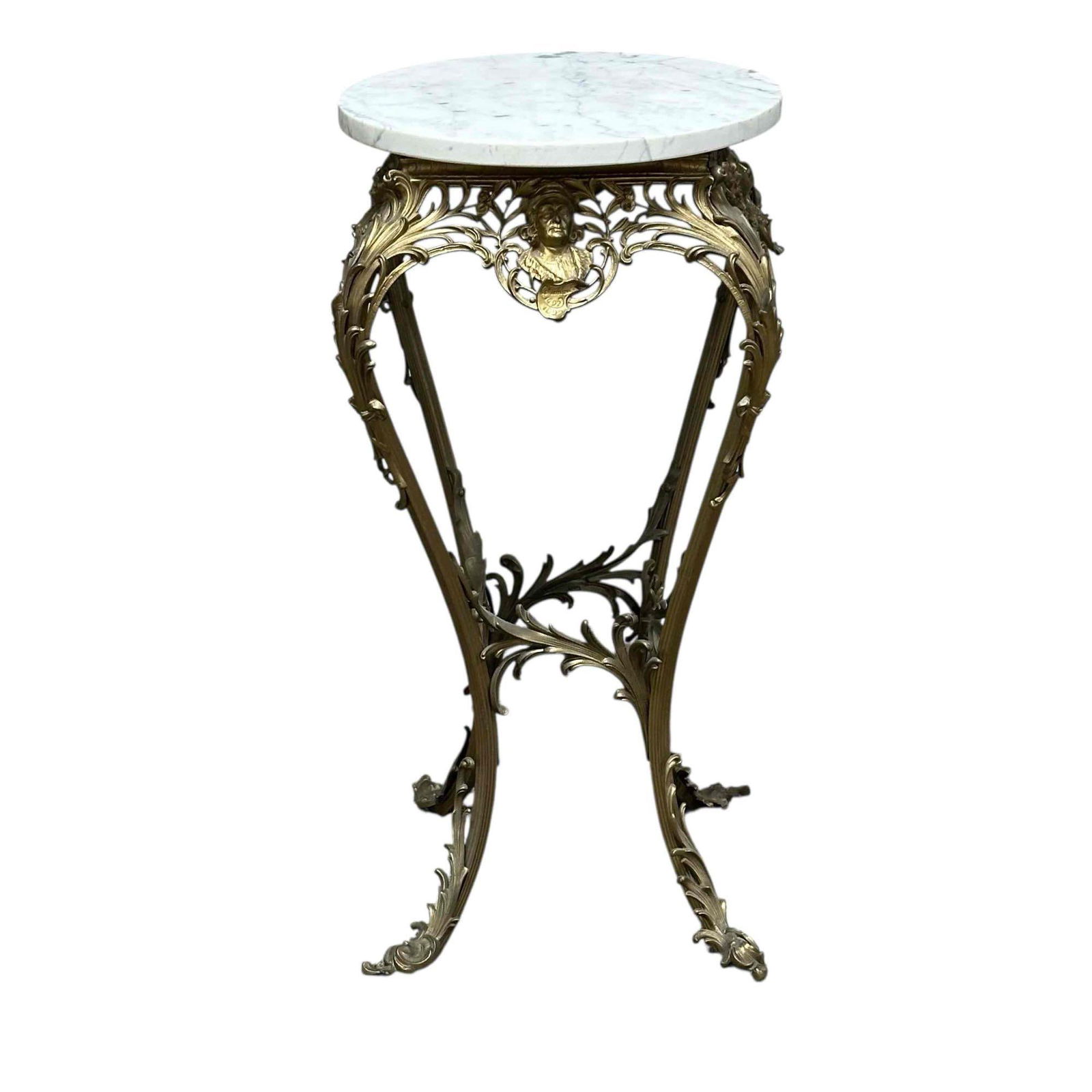 19th C. Brass Fern Stand / Pedestal with Christopher Columbus: Ornate Art Nouveau brass fern stand with Christopher Columbus busts on four sides and cylindrical white marble top (appears to have originally inset marble /onyx) measures approx 32" x 16" x 16". See