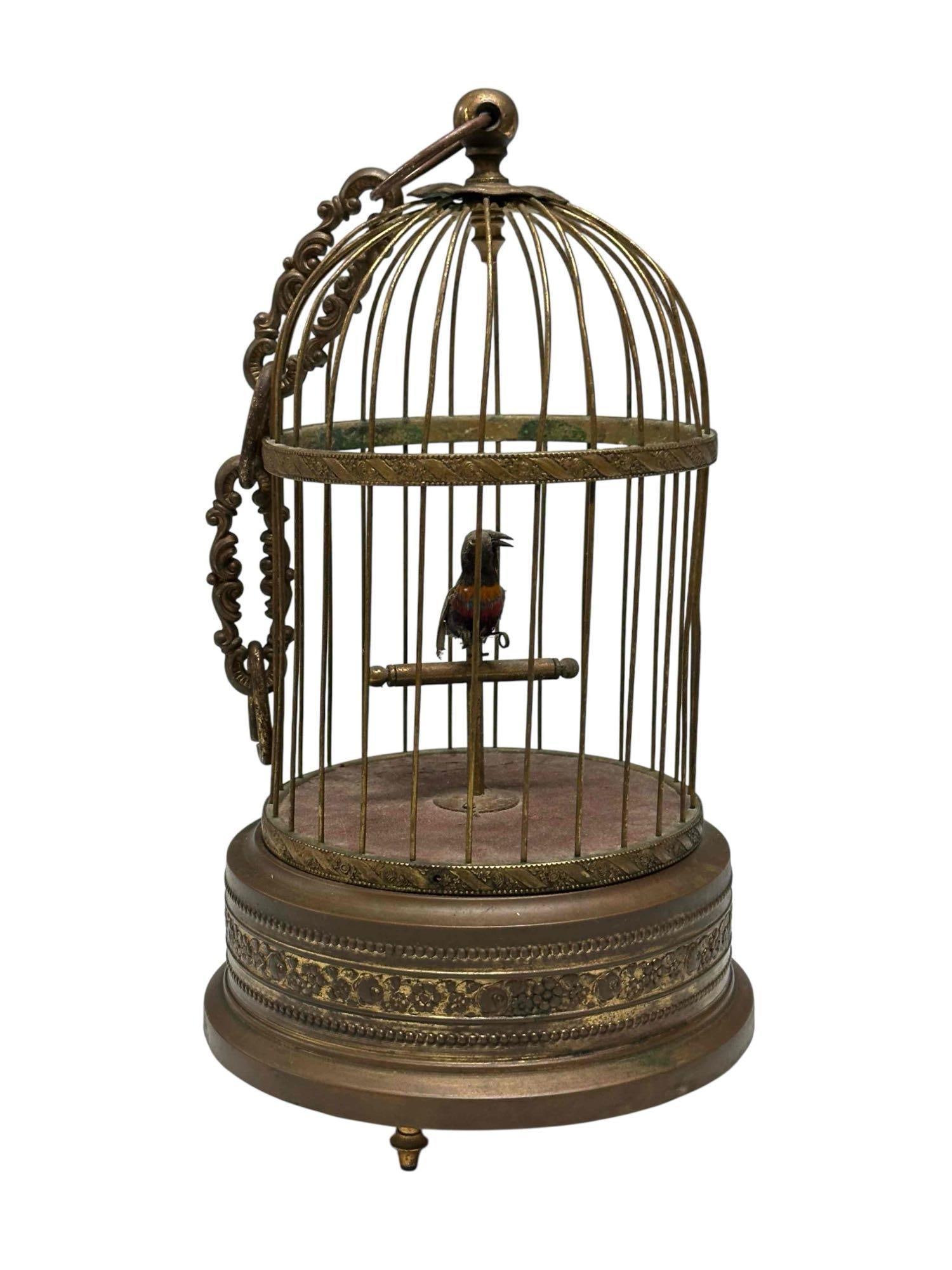 German Automation Singing Bird Music Cage: German Automated Bird Cage Music Box, Ca. 1930, H 11" Dia. 7" | with Made in GERMANY KG logo to the underside, adjacent to the music box windup. Circa 1930. Both mechanically in good working condition