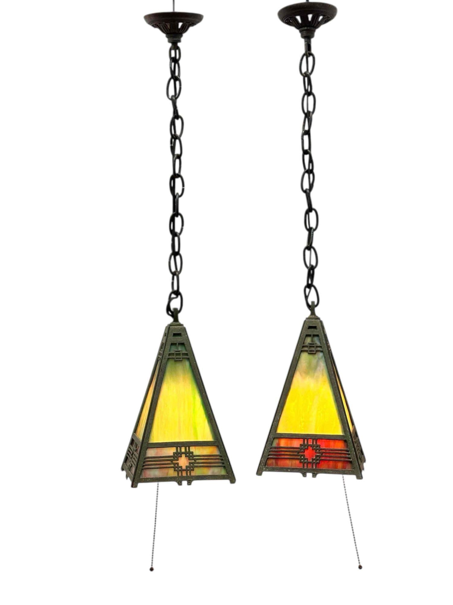 (2) Pair of American Arts and Crafts Pyramid Pendant Lights (1 of 17)