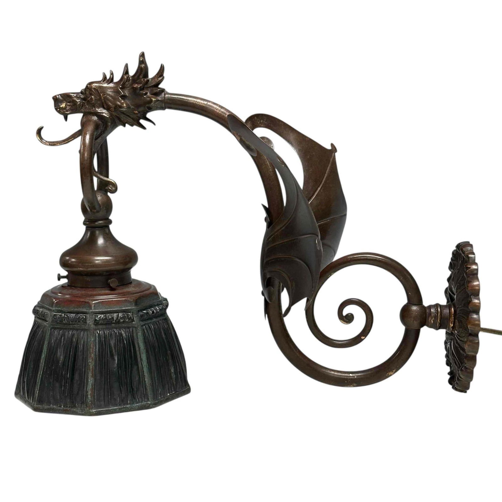 Tiffany Studios Linen Fold Shade on Griffin / Dragon Wall Sconce - 2