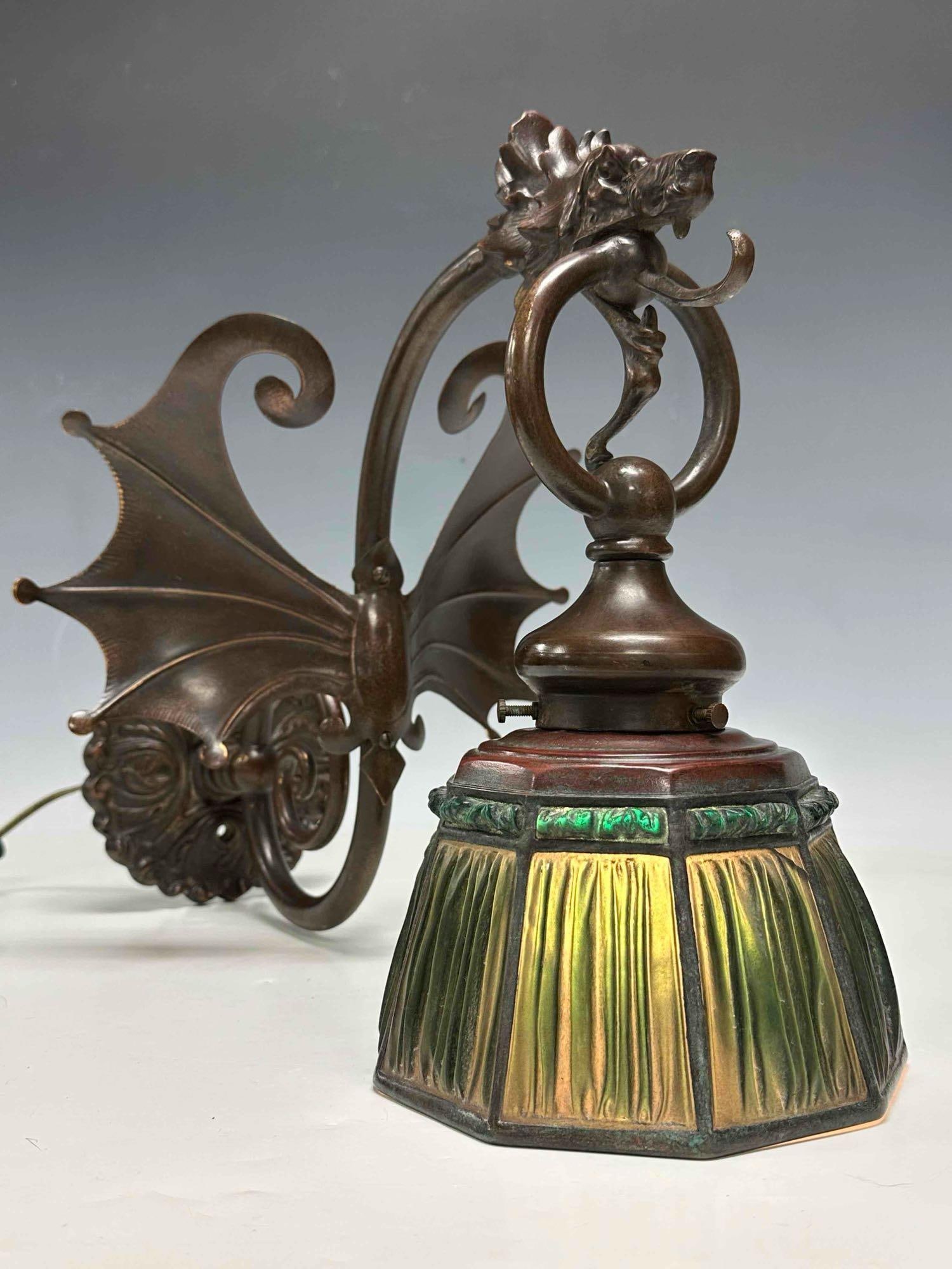 Tiffany Studios Linen Fold Shade on Griffin / Dragon Wall Sconce - 3