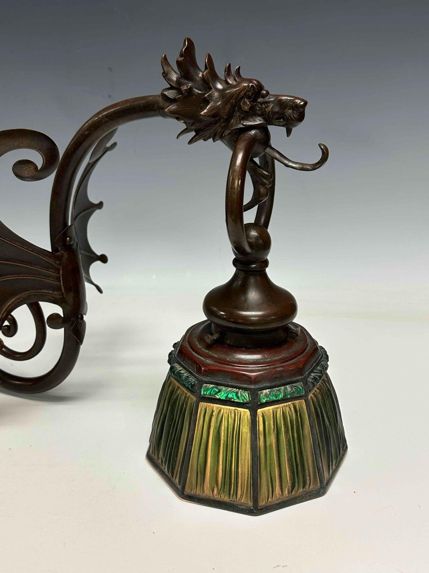 Tiffany Studios Linen Fold Shade on Griffin / Dragon Wall Sconce - 4