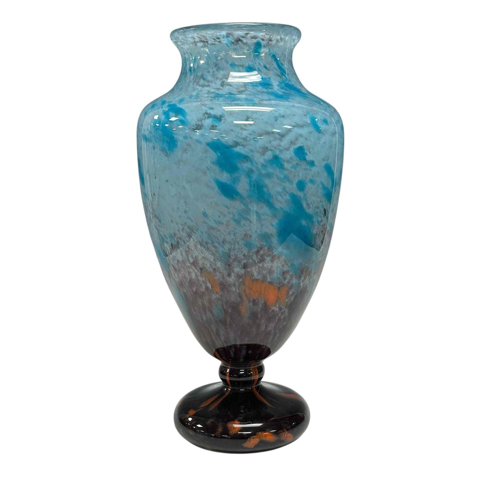 Monumental Charles Schneider French Art Deco Glass Vase: A large striking Art Deco Charles Schneider art glass vase featuring a vibrant speckled design in shades of blue, purple, and orange. Oversized urn style signed on upper base Schneider France. Measuri