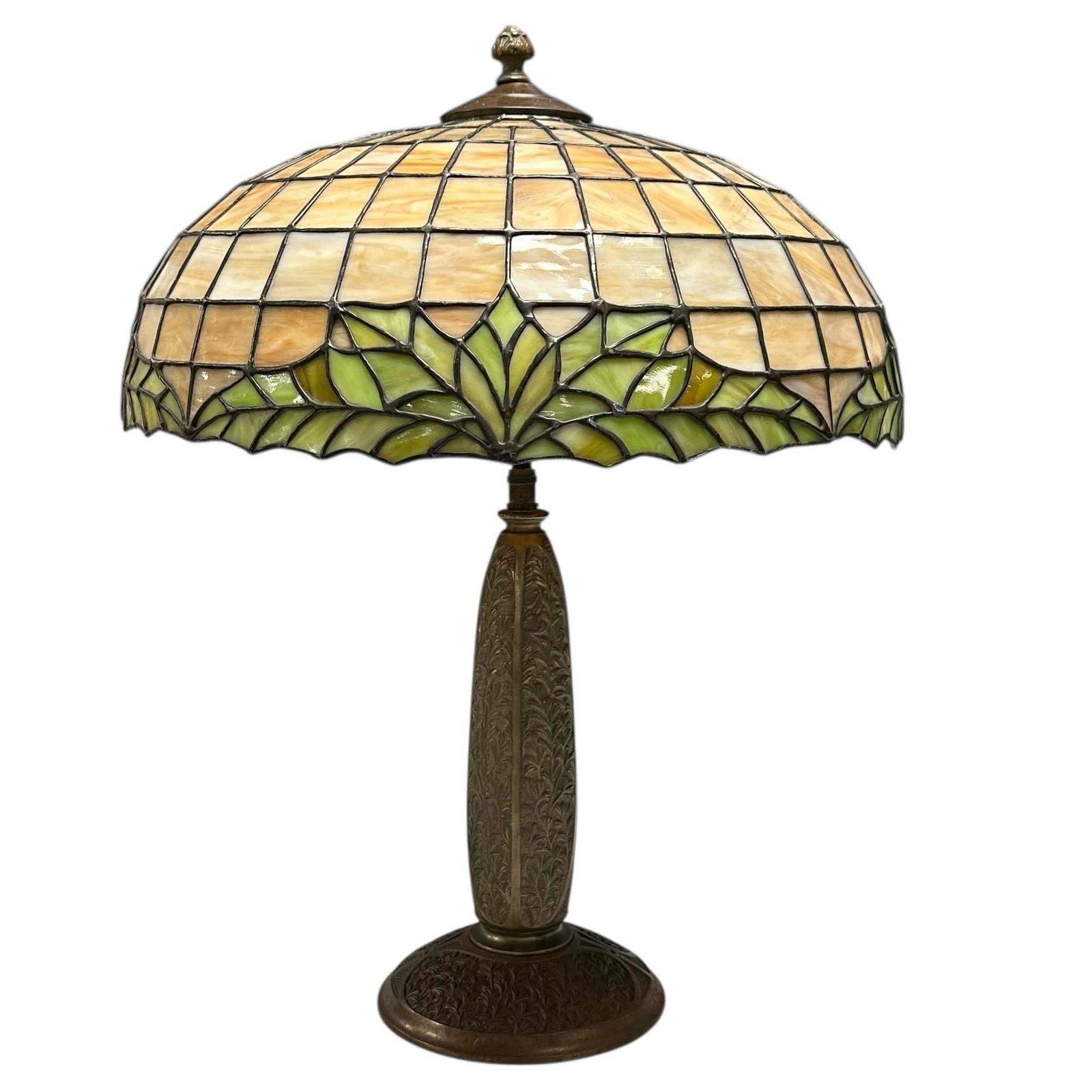Geometric Slag Glass Lamp with Green Leaf Border on Bronze Base (1 of 20)