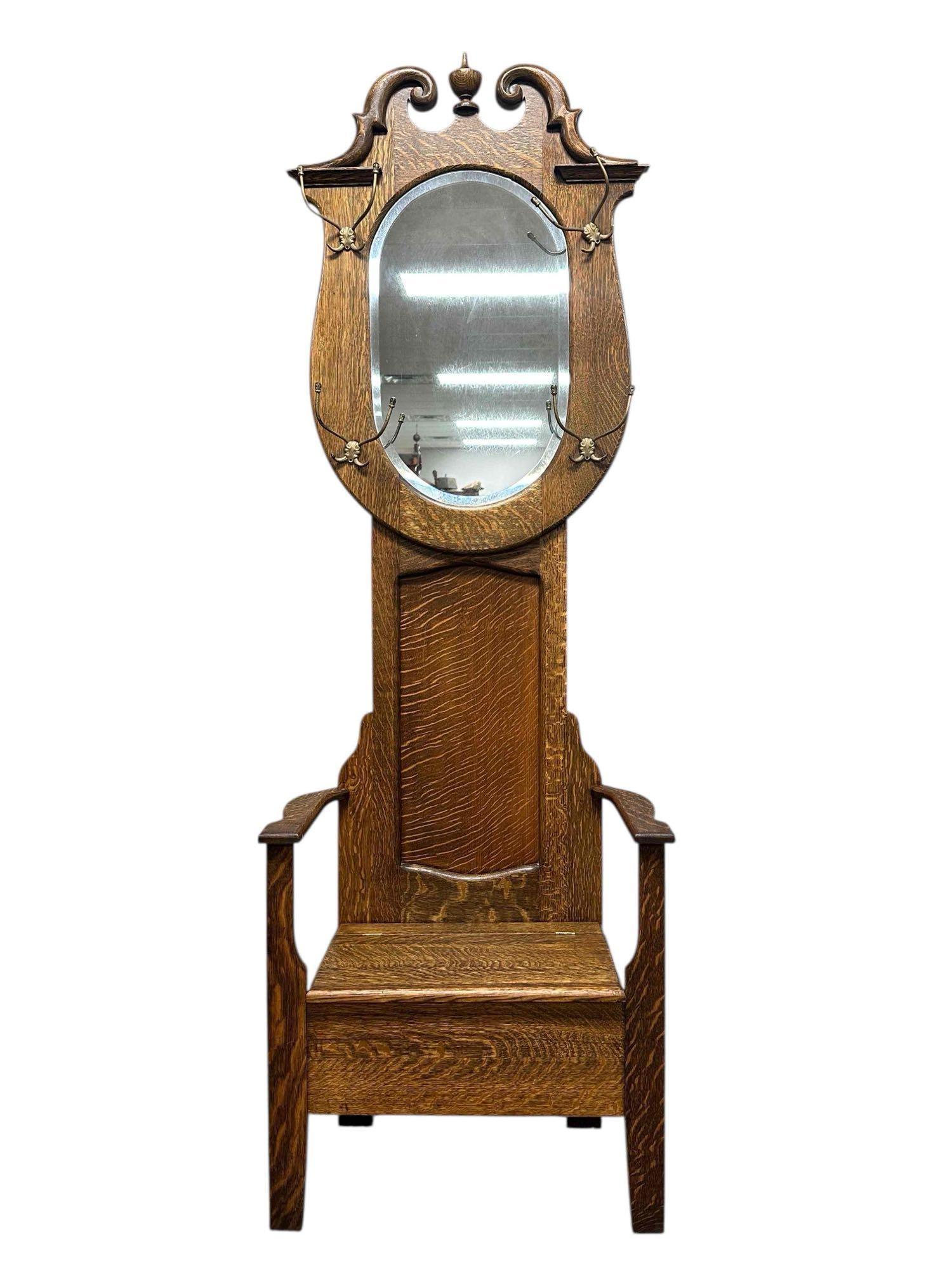 19th C. American Oak Hall Seat with Hat Hooks (1 of 18)