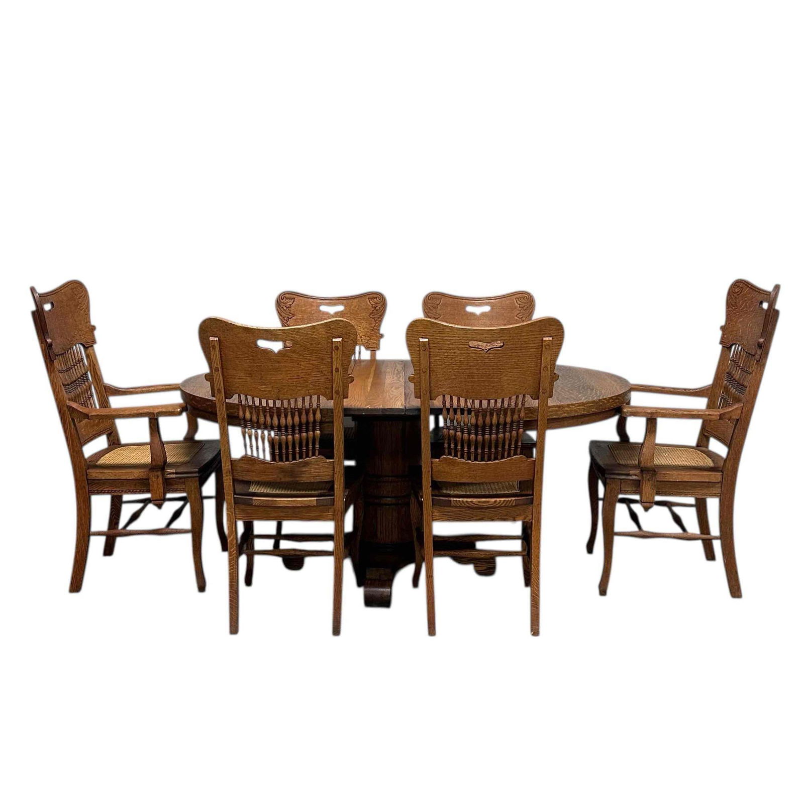 American Oak Pedestal Table w Six Pressed Back Oak Chairs (1 of 20)