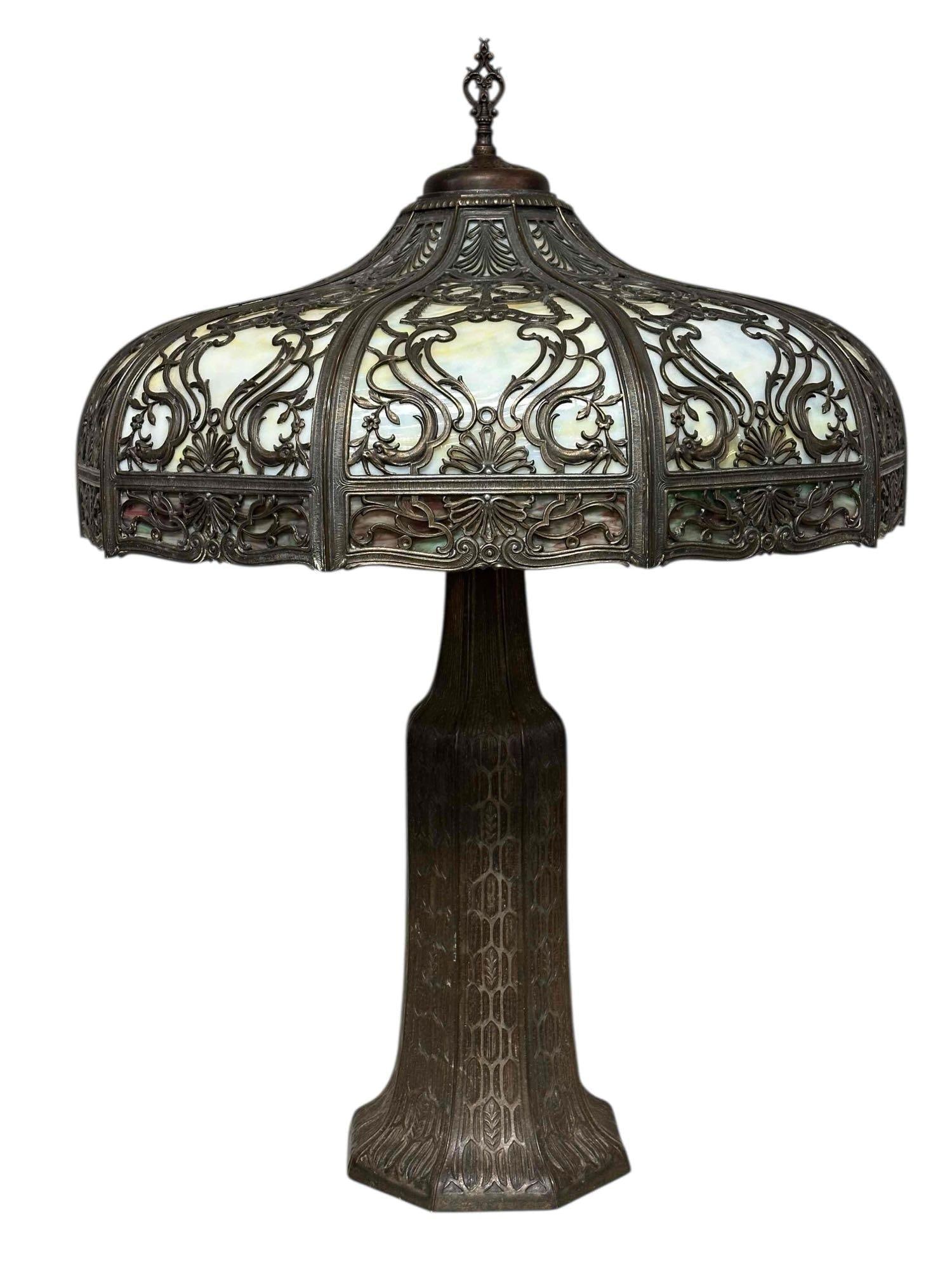 Stately Bradley and Hubbard Overlay Slag Glass Table Lamp (1 of 20)
