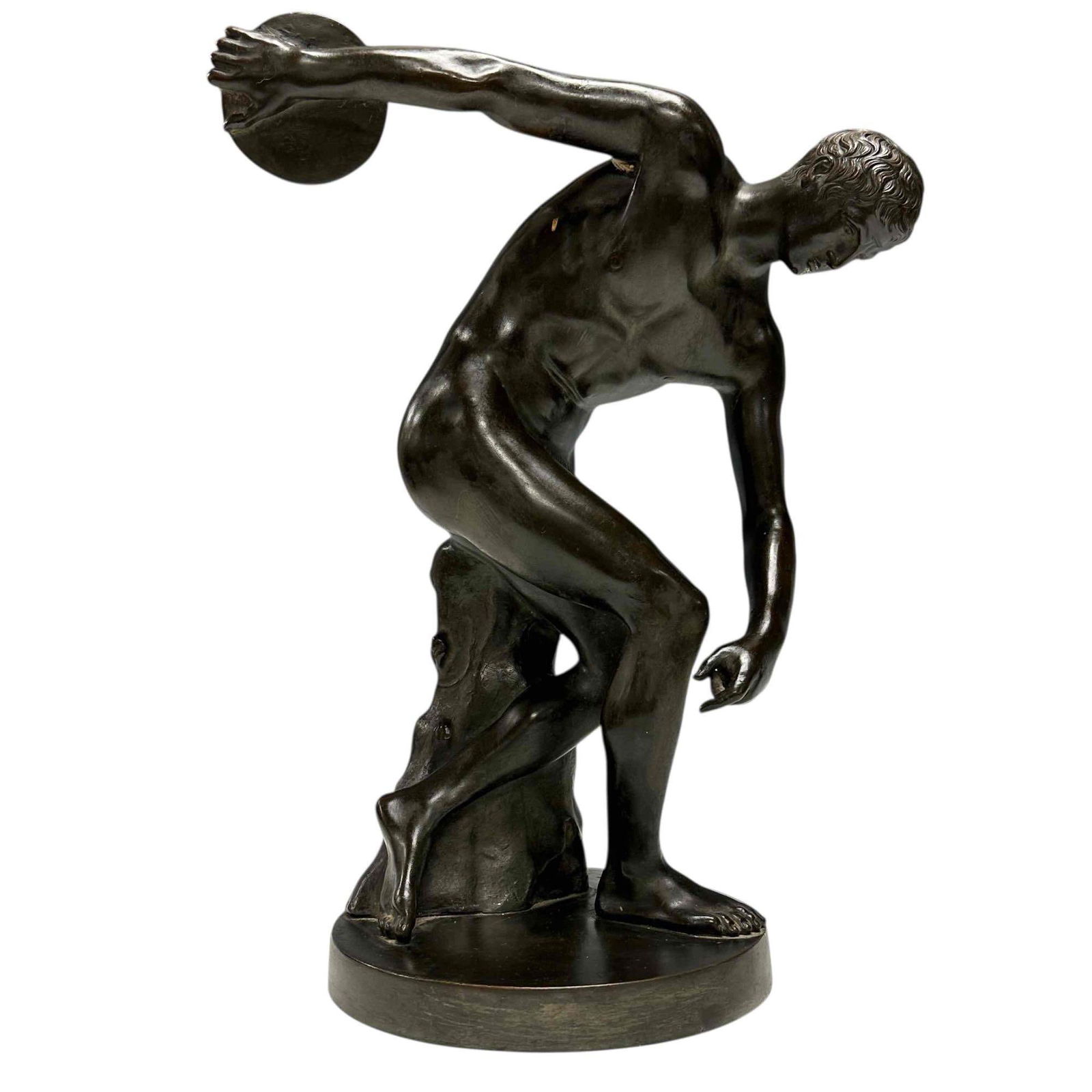 Italian Grand Tour Patinated Bronze of "Discobolus" after Myron: A fine late 19th century Italian cast bronze sculpture Discobolus after the 2nd century AD Roman sculpture (itself a copy of a lost 5th century BCE Greek work by Myron) now conserved by the Museo Nazi
