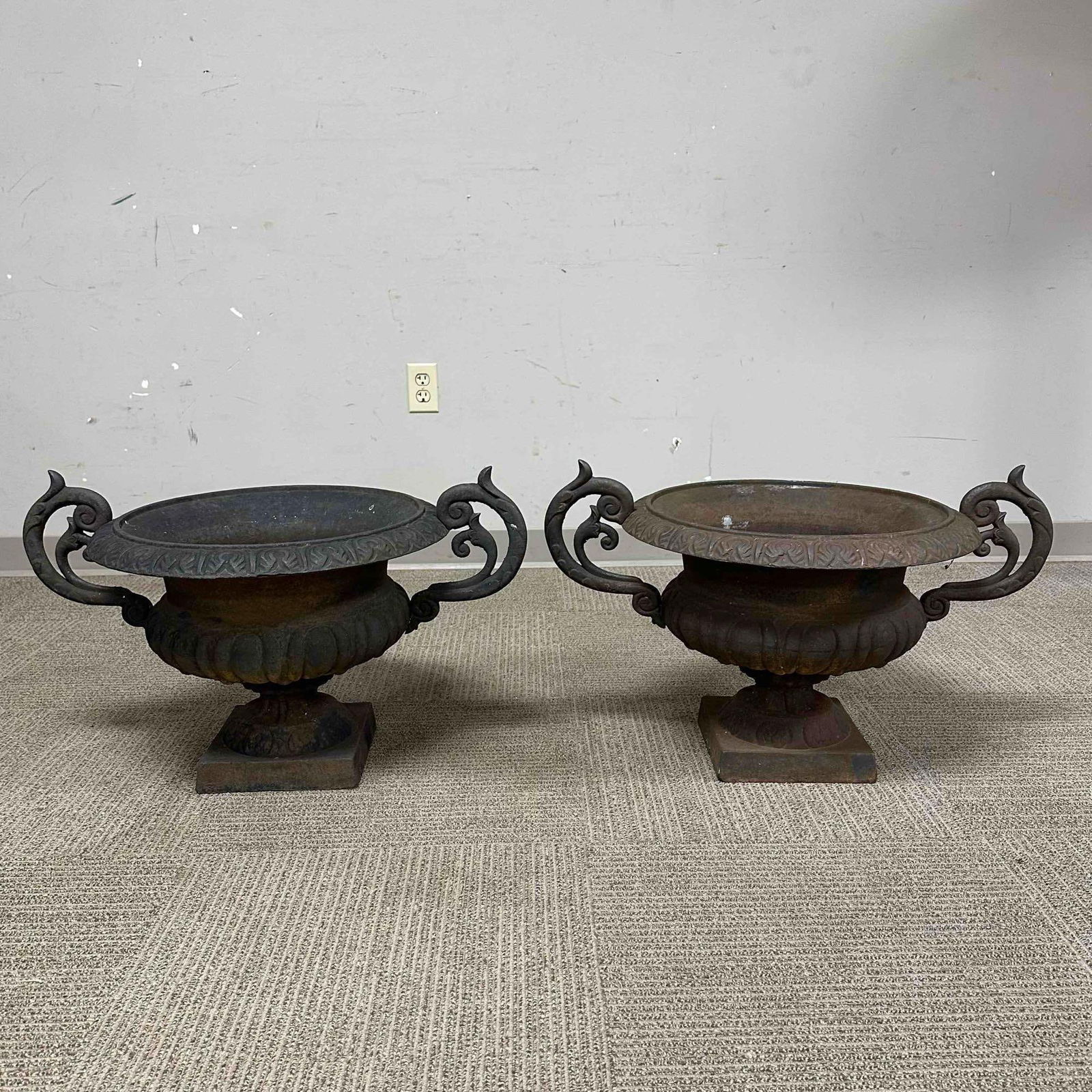 20th c. French Cast Iron Urn-Form Planters w Faint Bronze Patina - 14