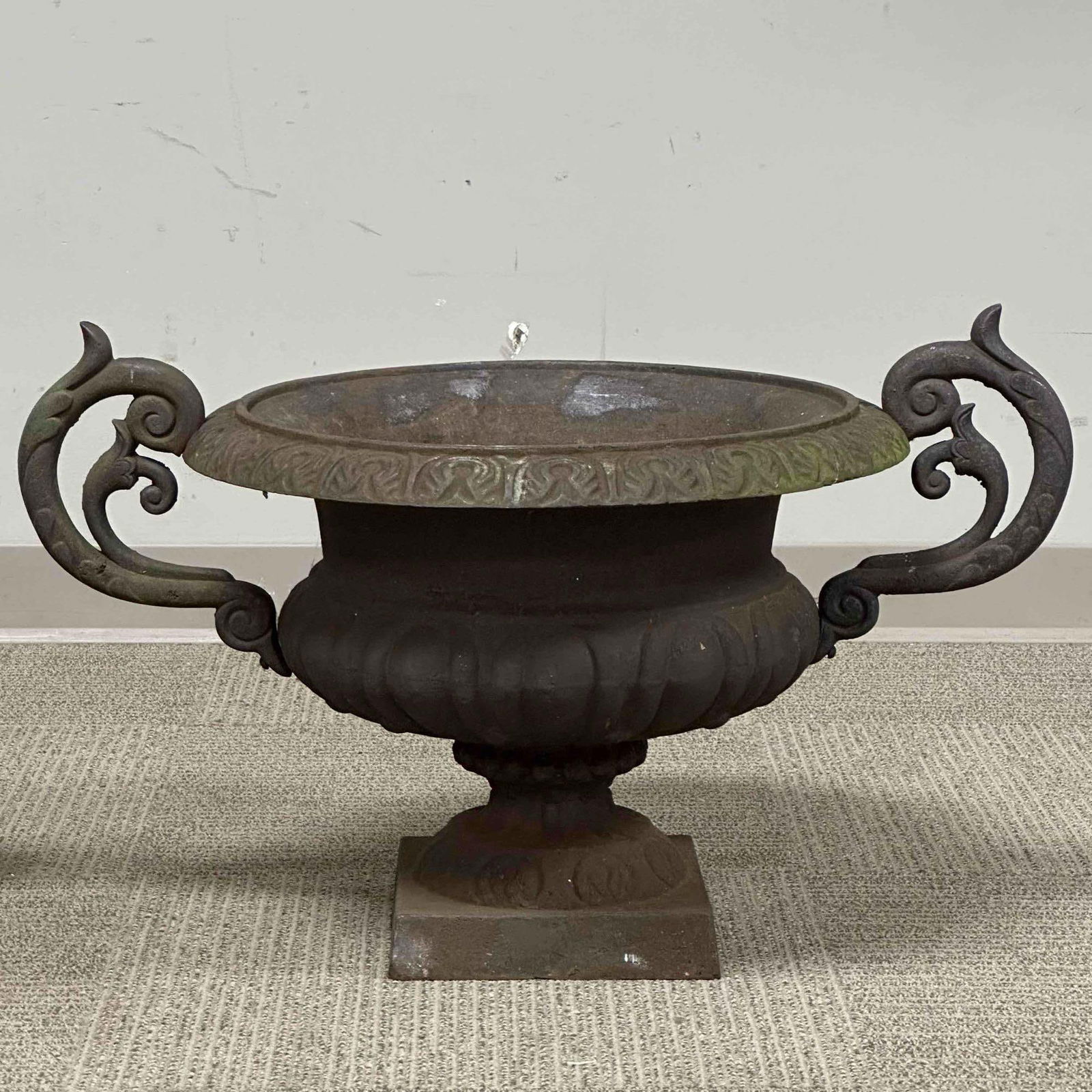 20th c. French Cast Iron Urn-Form Planters w Faint Bronze Patina - 20