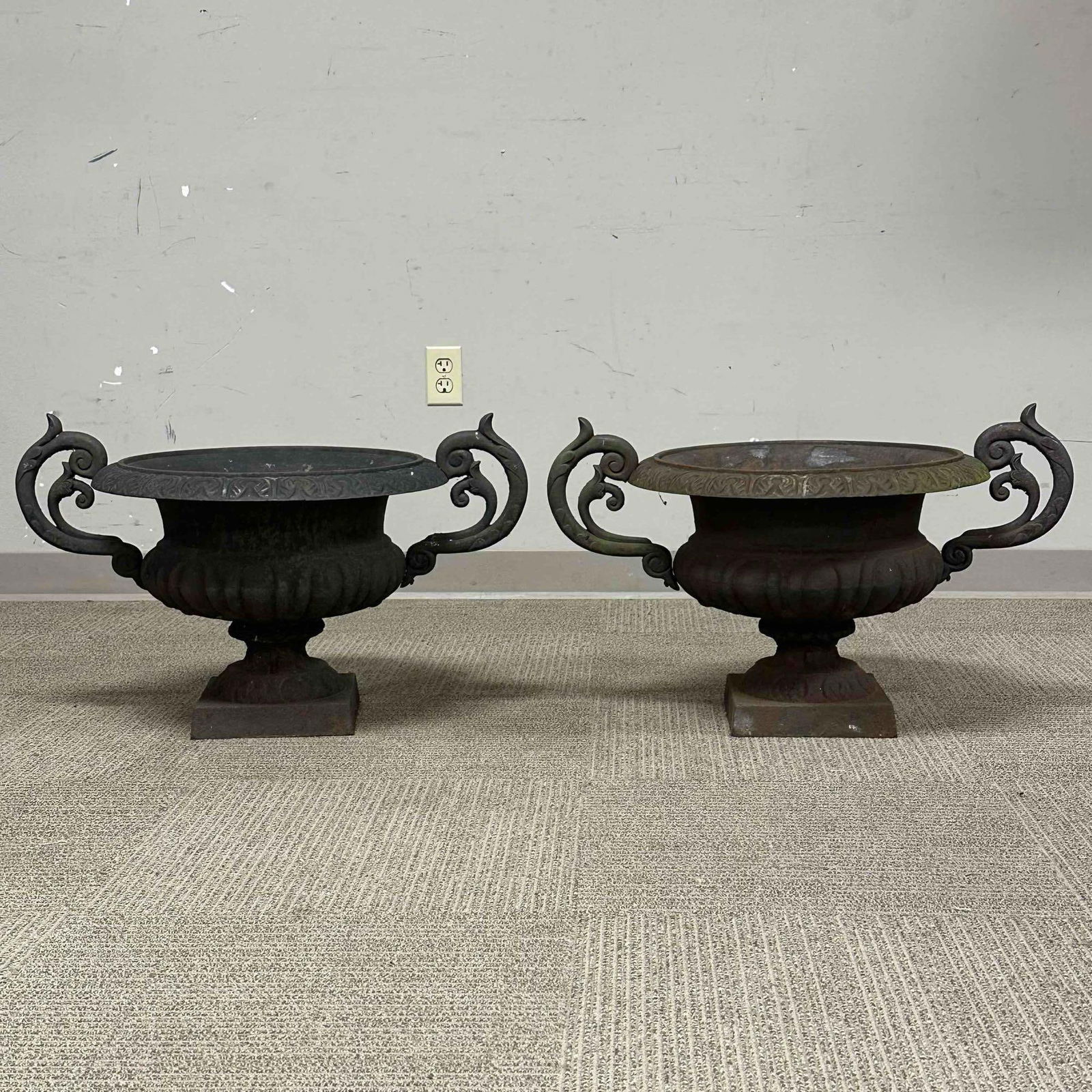 20th c. French Cast Iron Urn-Form Planters w Faint Bronze Patina - 5