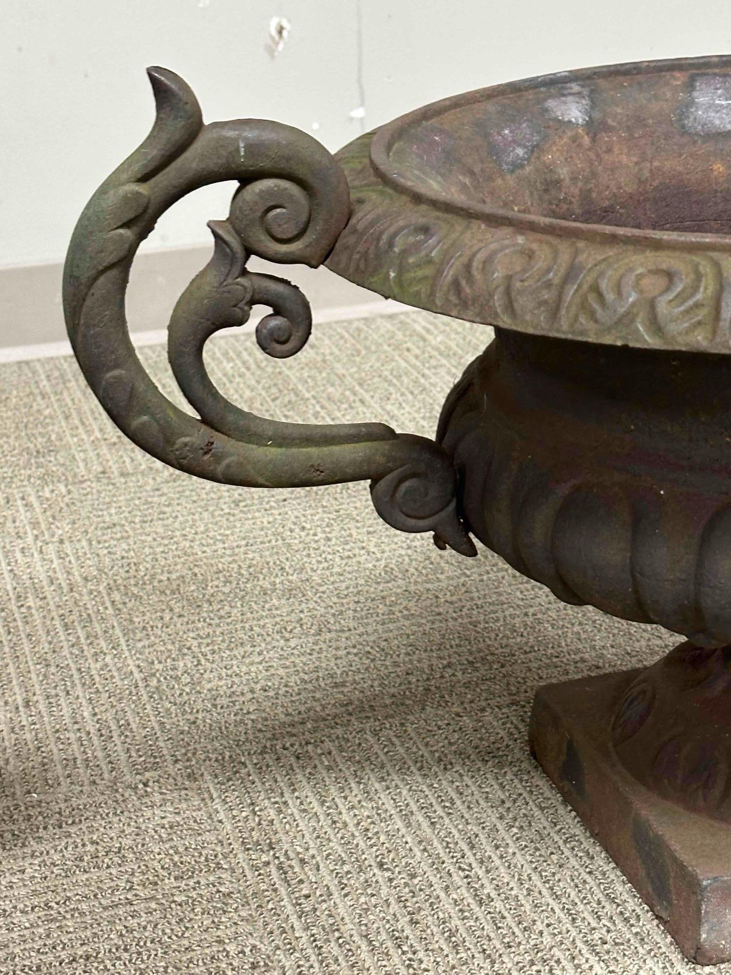 20th c. French Cast Iron Urn-Form Planters w Faint Bronze Patina - 9