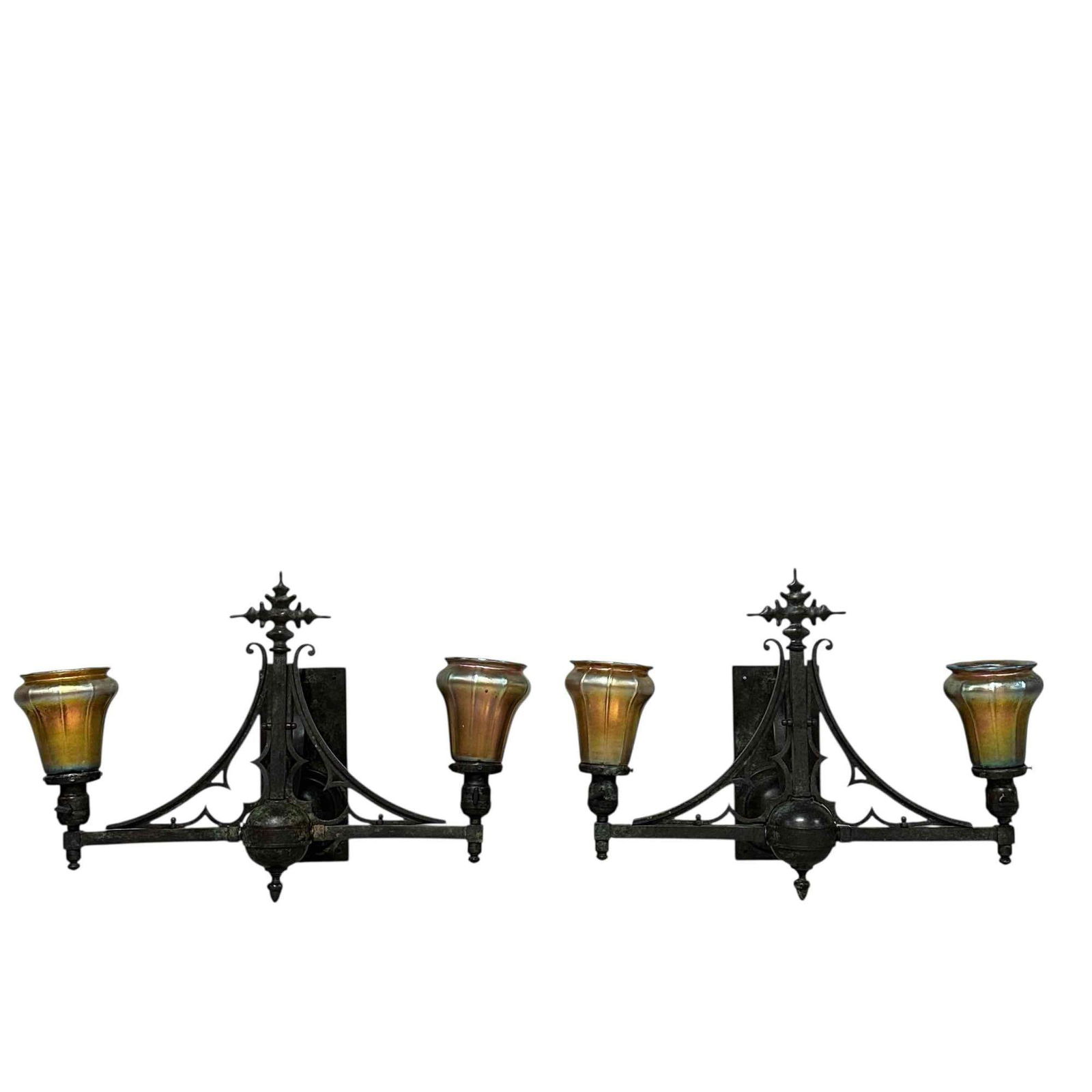 Pair of Verdigris Gothic 2-light Sconces with Steuben Glass Shades (1 of 20)