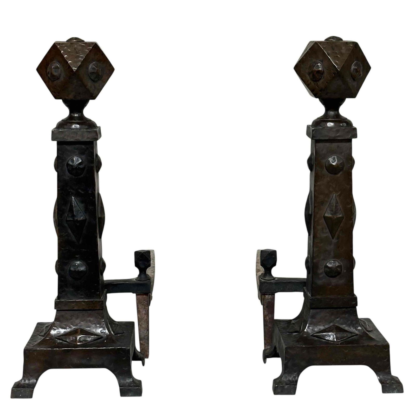 Pair of Gothic Arts and Crafts Fireplace Andirons: Pair of Arts and Crafts fireplace andirons with hammered bronze finish and cast iron log rest legs. Measuring approx 23" h x 9" w x 25" d (including log rest). Overall condition is good, light use and