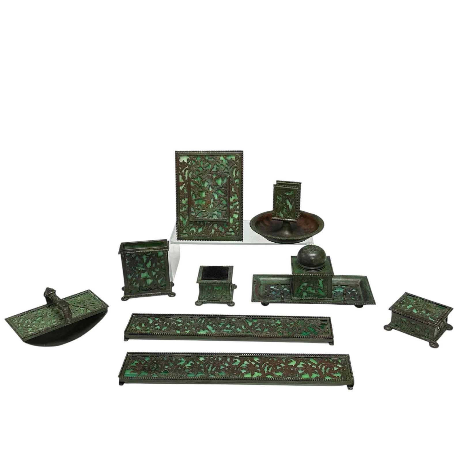 Apollo Studios Art Nouveau Bronze and Slag Glass Desk Set 9 Piece (1 of 20)