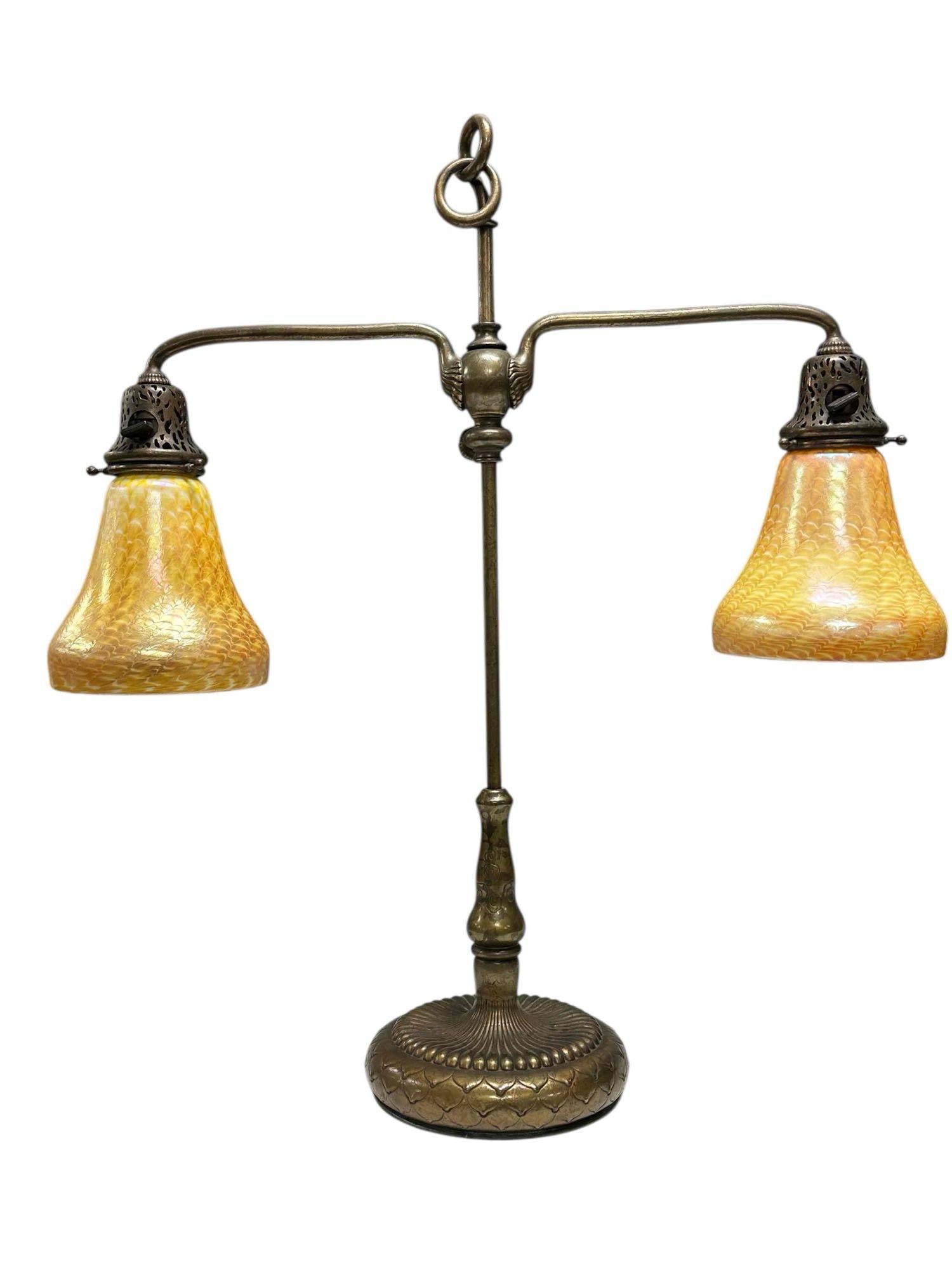 Tiffany Studios Double Student Lamp with Signed Favrile Shade (1 of 20)