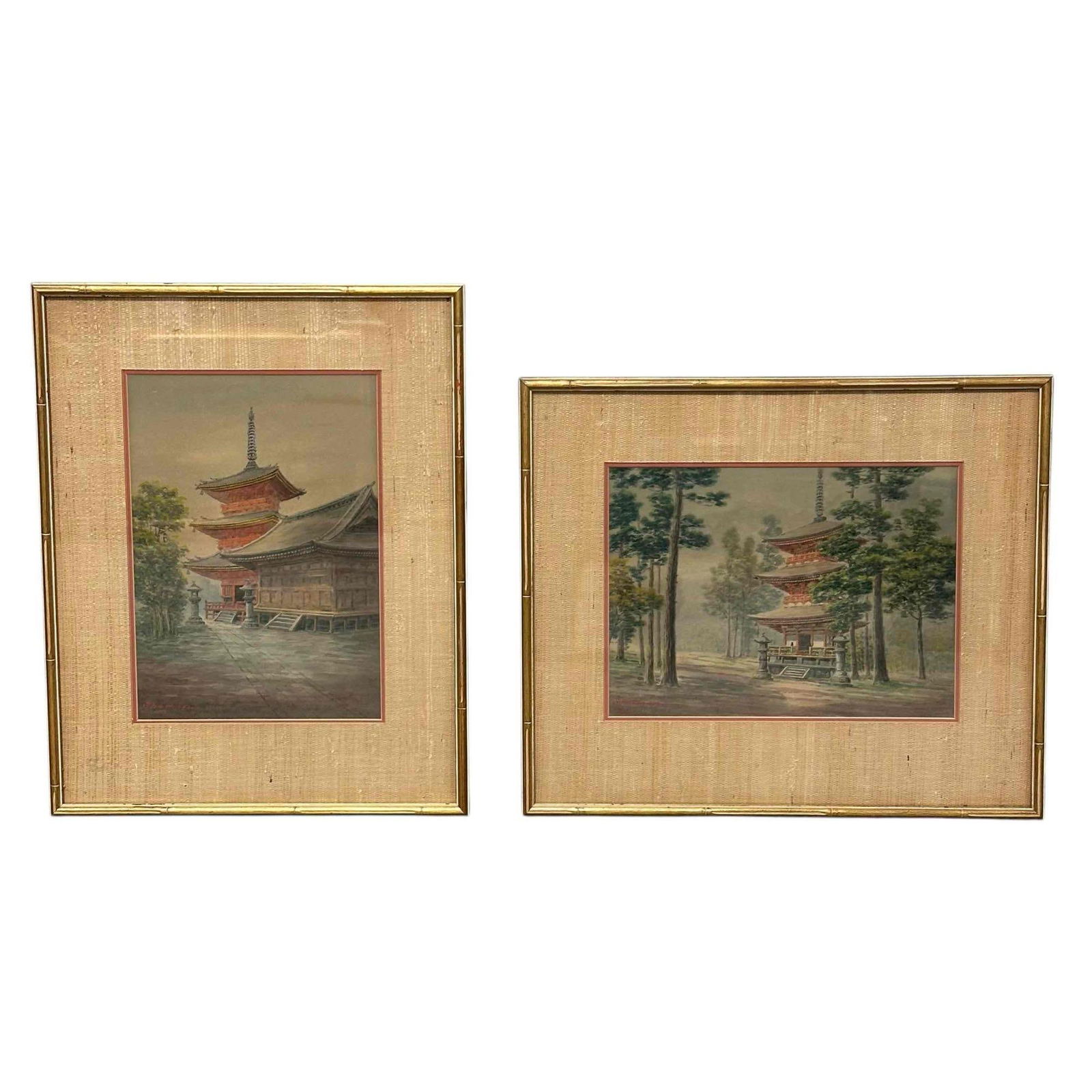 Pair of Signed Japanese Cultural Watercolor Paintings: Two (2) very fine and detailed Japanese watercolors of pagodas in traditional Japan landscape. 1920-30's era signed in lower left and framed under glass as shown. Artist, Shumin Ota (Japanese 1894-195