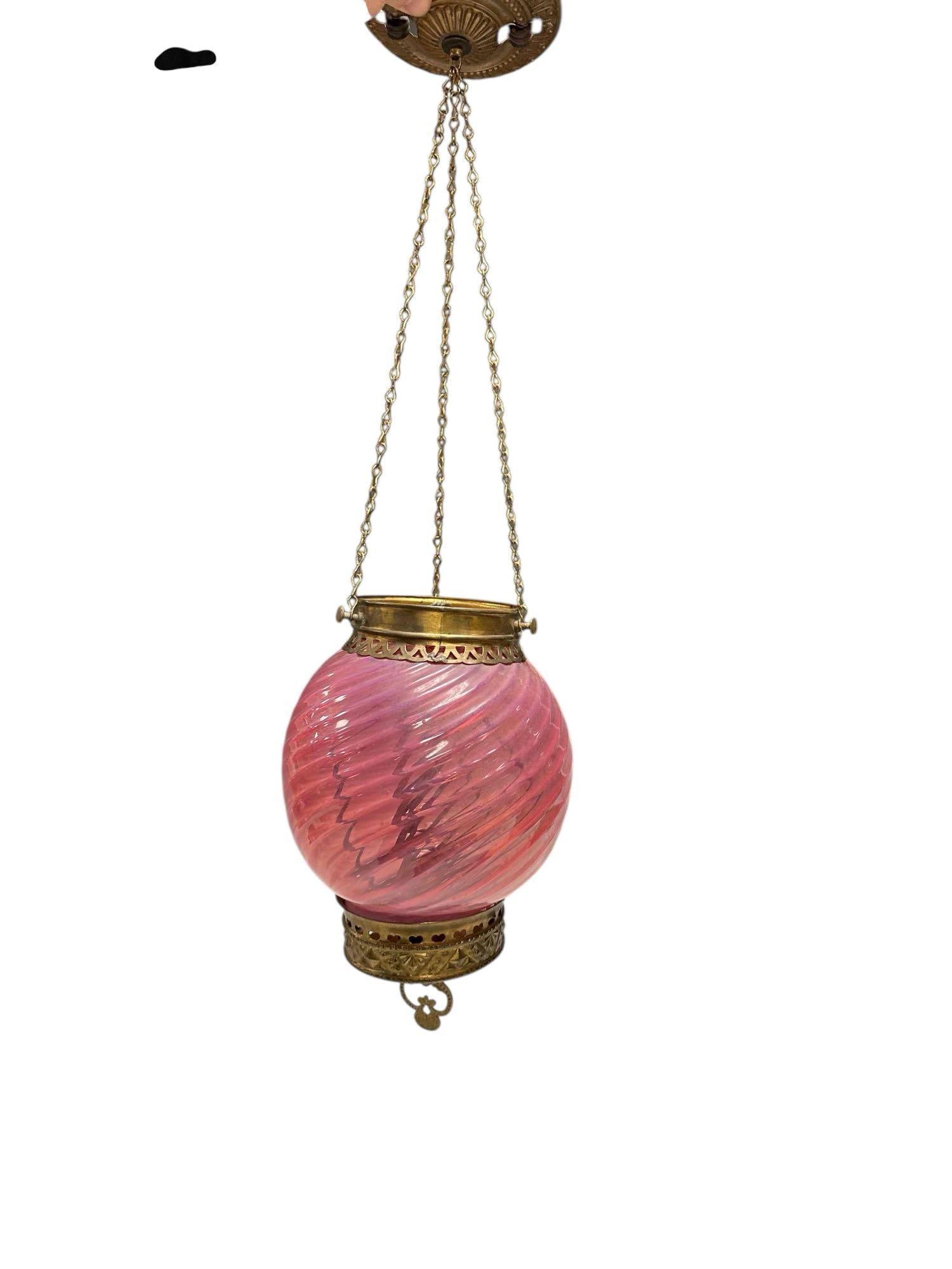 19th C. Victorian Cranberry Opalescent Swirl Hall Light (1 of 15)