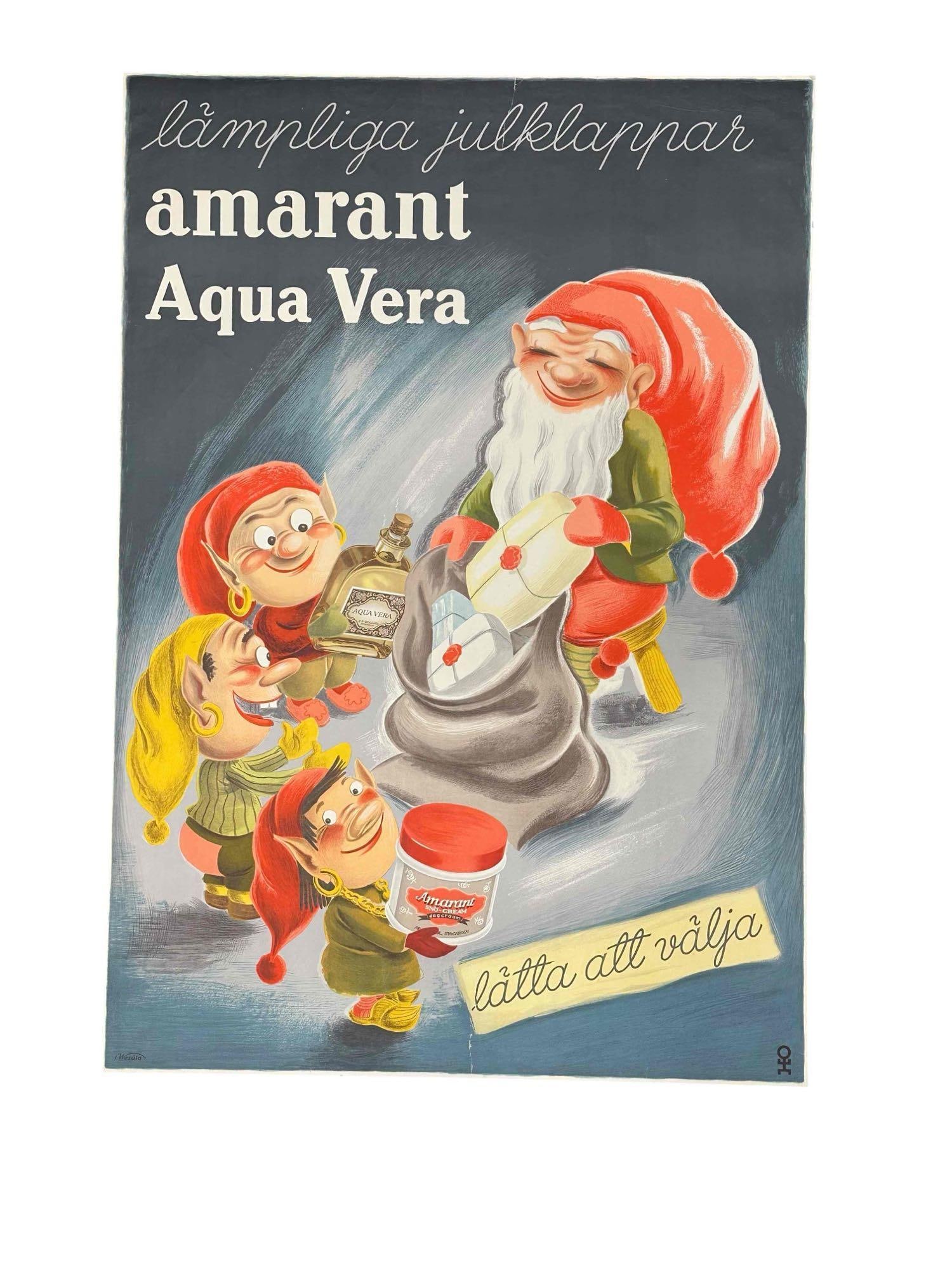 1930's Swedish Art Deco Advertising Poster - Amarant: A 20th century 1930-50's Swedish advertising poster related to the Holiday Season for Aqua Vera and Amarant. measuring approx 39" h x 27" w. Sweden, Wegata art, very good A Grade condition on linen as