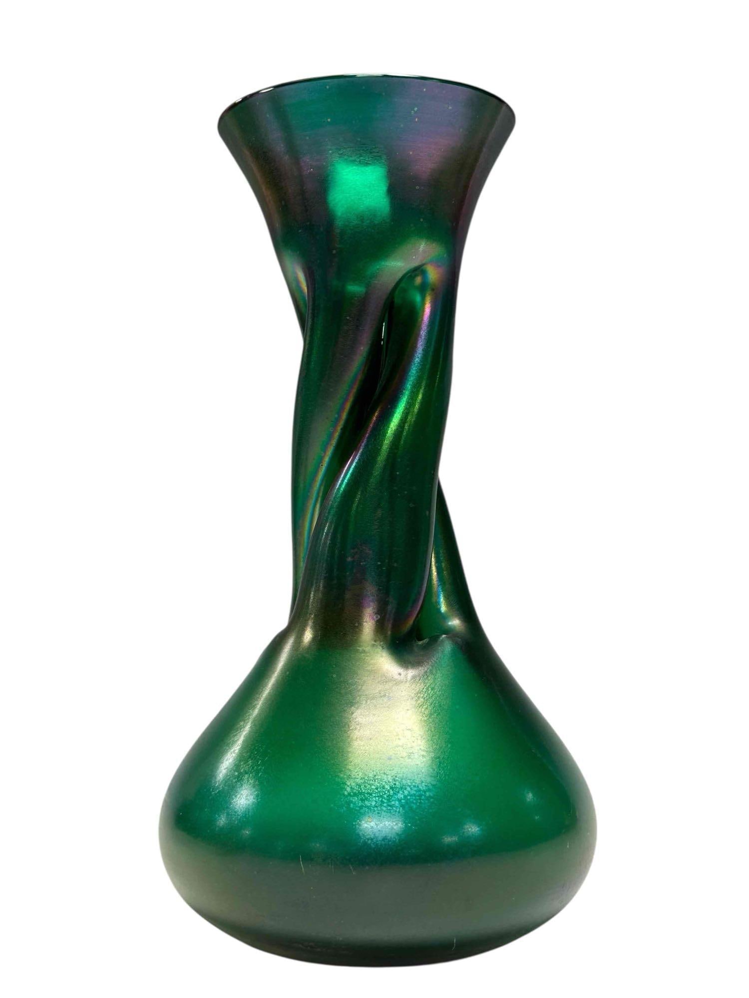 Green Iridescent Twist Form Art Glass Vase - (1 of 20)