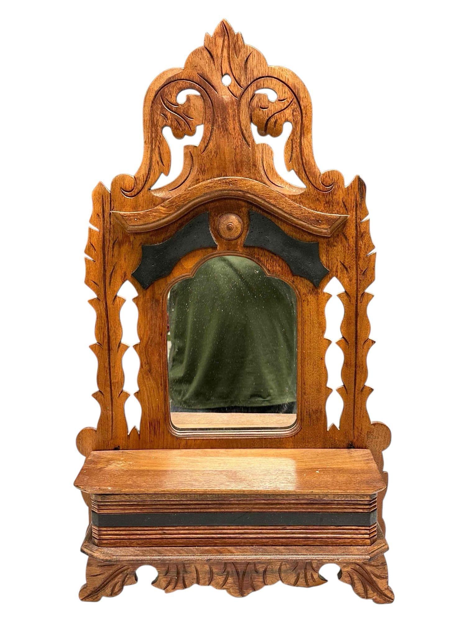 Eastlake Victorian Shaving Mirror Wall Mount or Dresser Top: 1880's Eastlake Victorian carved wall mounted or dresser top shaving mirror with lidded storage box. Measuring approx. 25.5" tall by 15.5" wide by 6" deep. In good age appropriate condition, see photo
