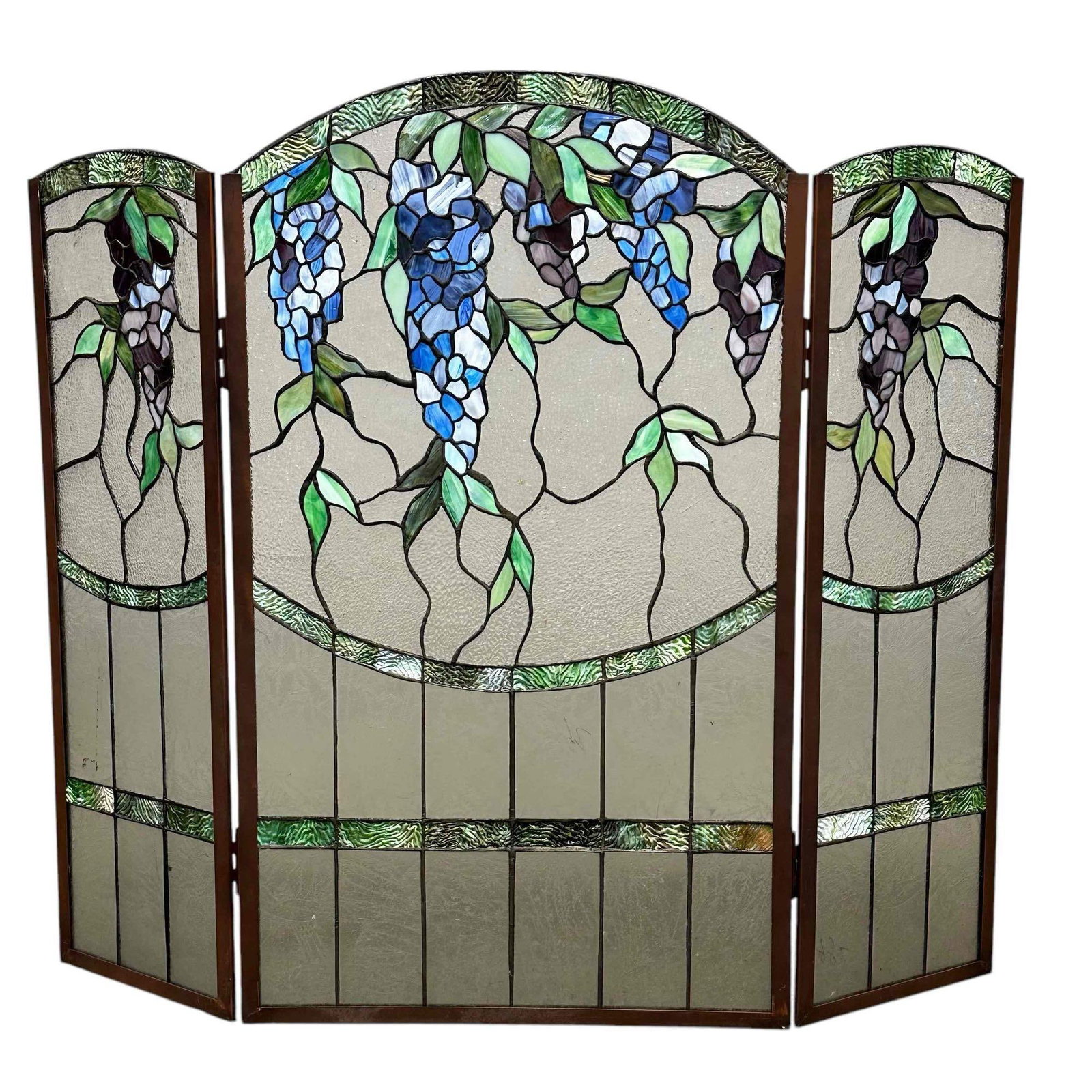 Wisteria Motif Leaded Art Glass Three Panel Screen (1 of 16)