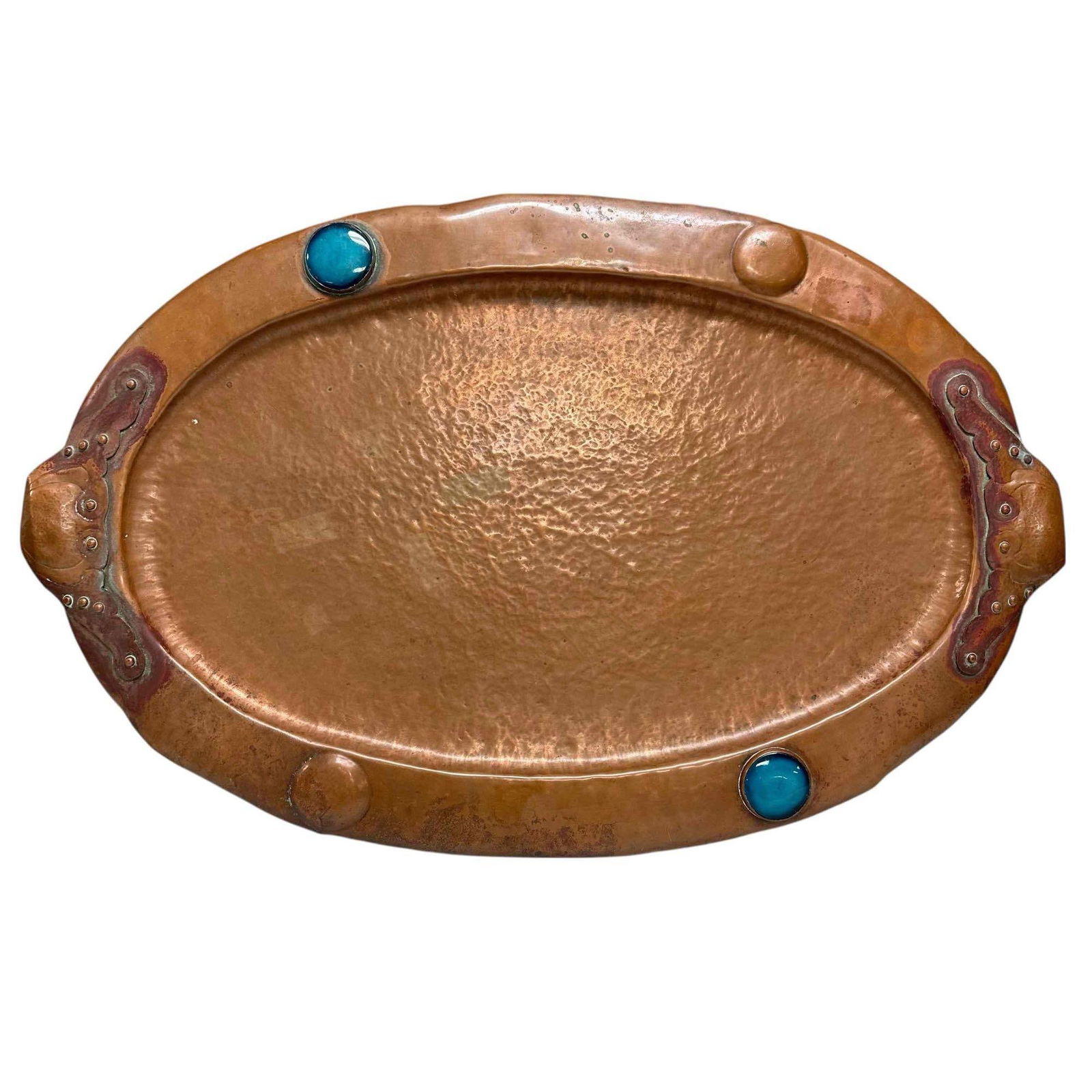 Arts and Crafts Hammered Copper w Blue Cabochon Tray (1 of 18)